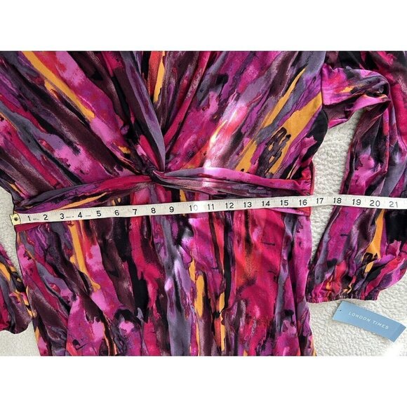 London Times Twisted Front 3/4 Sleeve A-Line Dress Berry Multi Print Size 16 - Picture 12 of 16